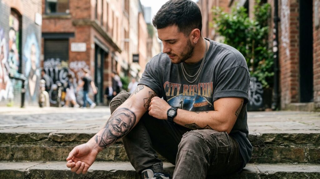 Confident young man in streetwear outfit looking down at det