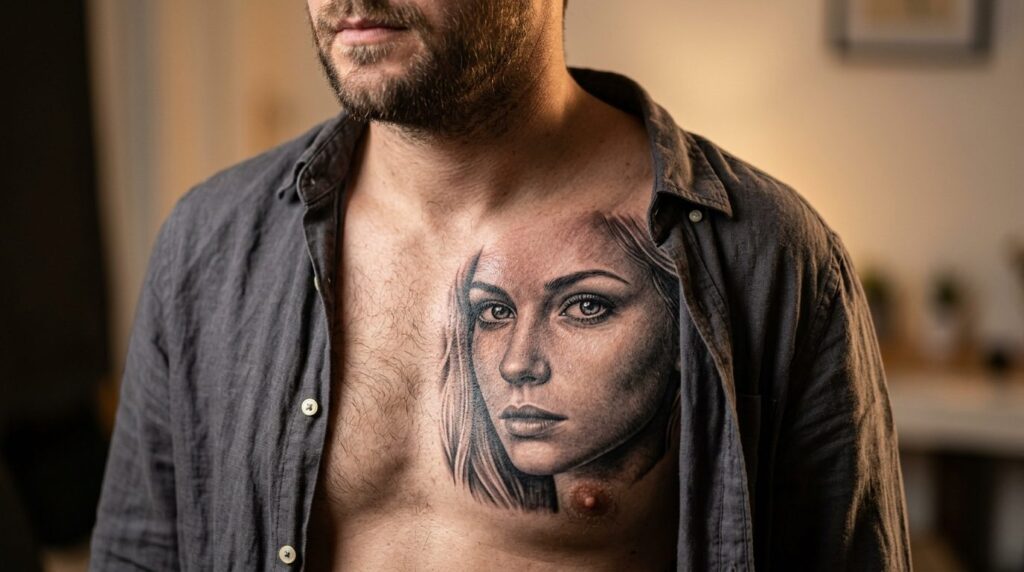 Close detailed shot of hyperrealistic portrait face tattoo o