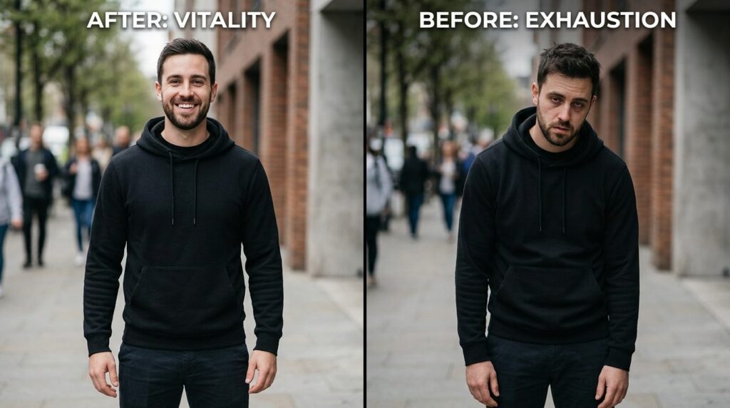 Photorealistic stock photo, 16:9 aspect ratio. Split-screen