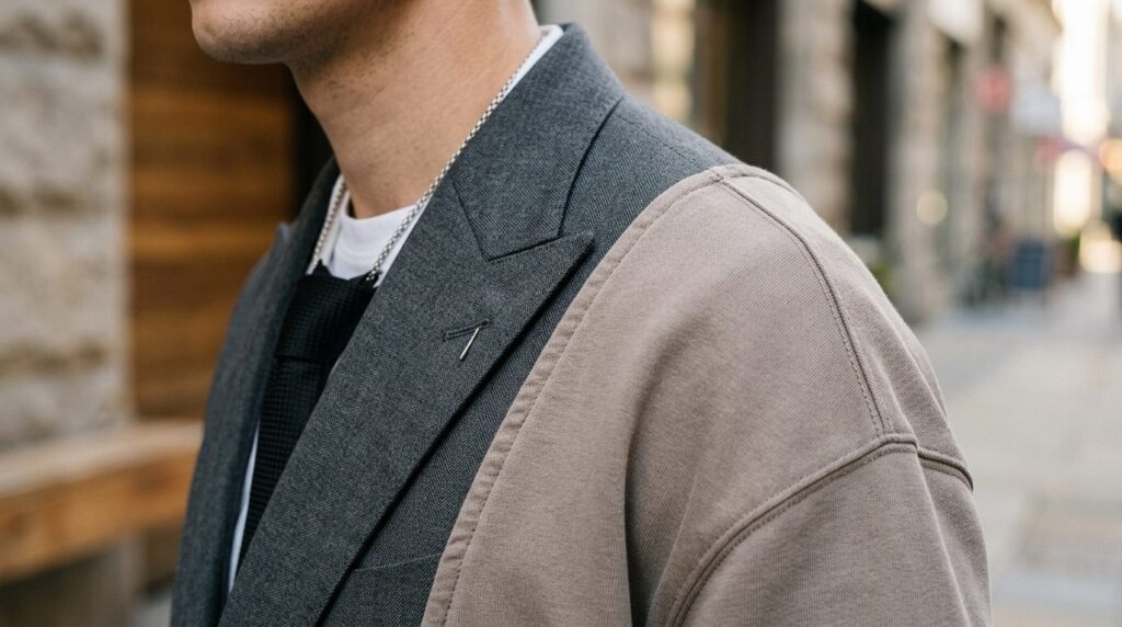 Photorealistic close-up detail shot of premium wedding suit