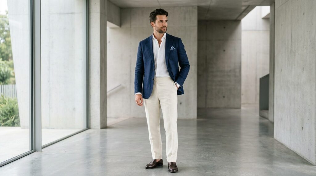 Professional photorealistic image of a stylish groom wearing