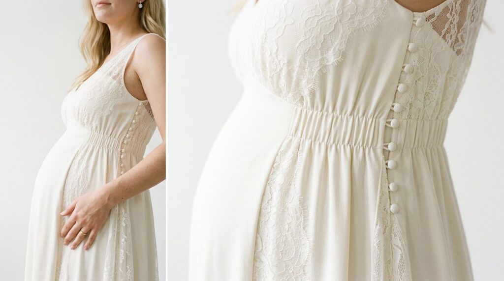 Close-up detail shot of luxurious maternity bridal fabric wi