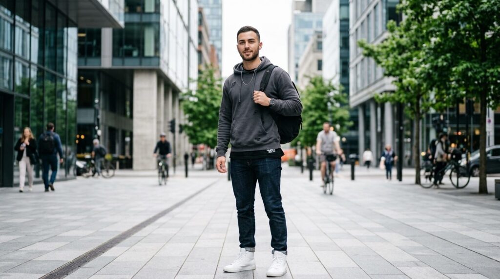 Photorealistic lifestyle image of a man in premium streetwea