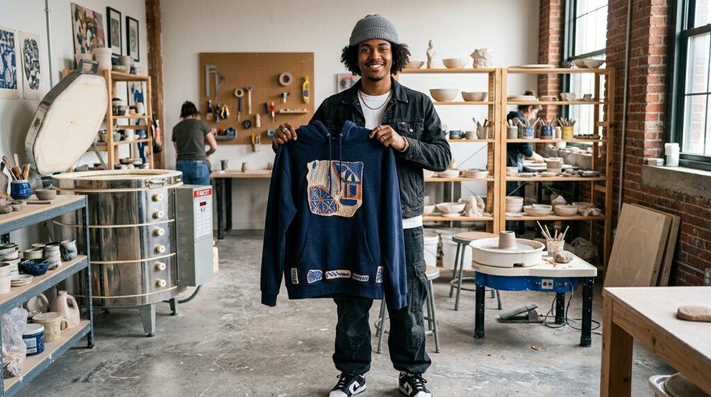 Young man in casual streetwear holding a custom hoodie with