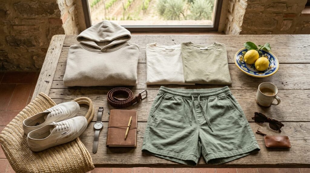 Flat lay photograph of a capsule wardrobe for Tuscan villa s