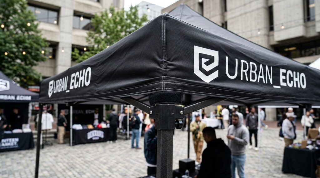 Close-up detail shot of a branded pop-up tent corner with cu