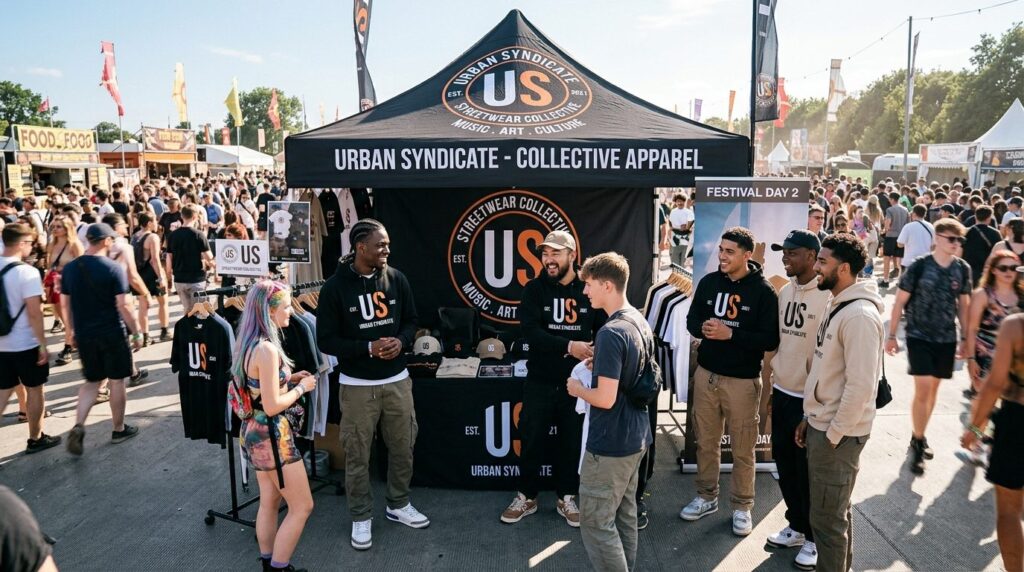 Wide angle view of a male streetwear collective at their bra