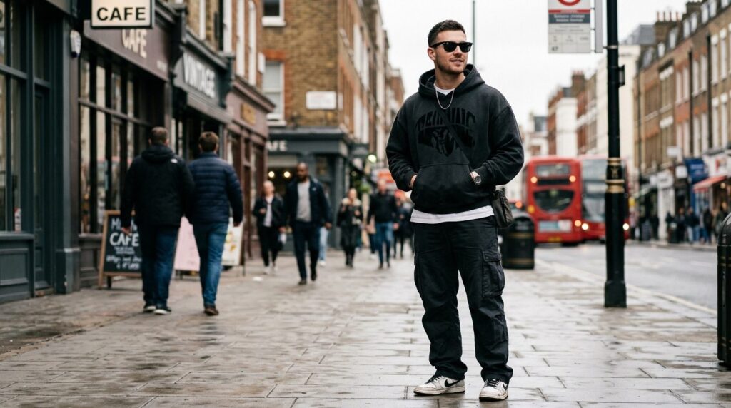 Street style fashion photograph of a man wearing a dark hood