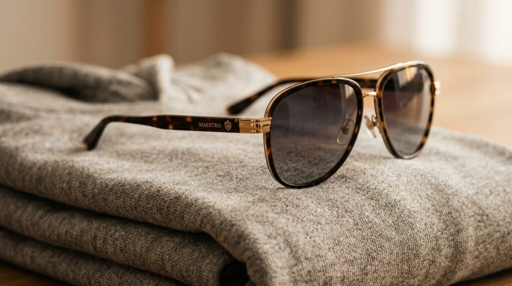Close-up detail shot of premium mens sunglasses resting on 